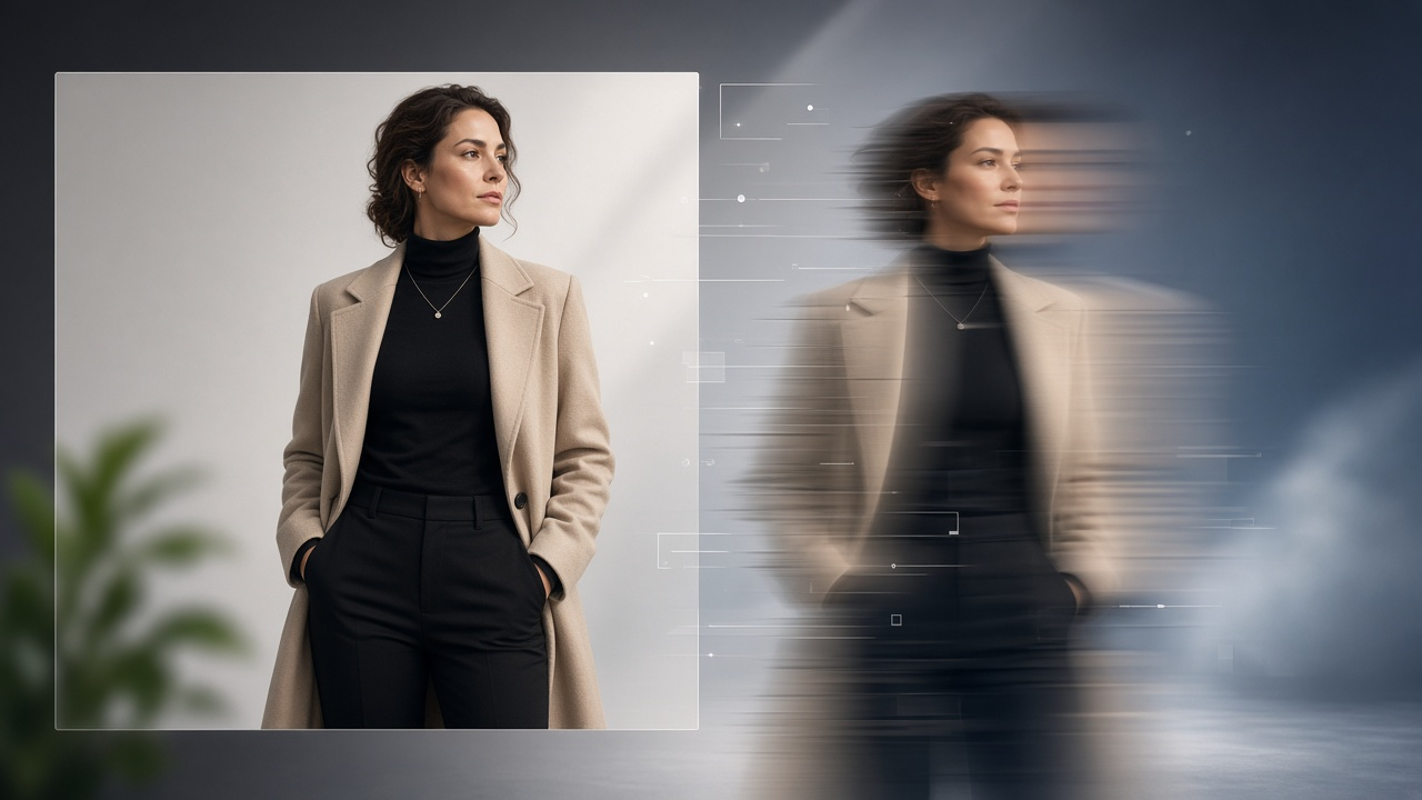 Editorial visual of a still portrait transitioning into AI-generated video motion
