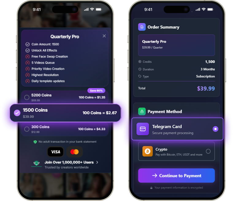Go to the subscription page and select the plan you want. After selecting a plan, choose the "Telegram Card".